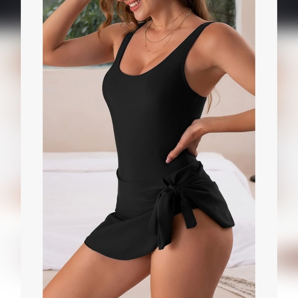 Eomenie Black Women's Swim Dress One Piece Ruched Swimwear Large - Picture 2 of 12